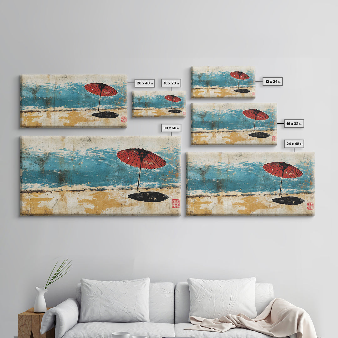 Red Beach Umbrella By Turquoise Waves Wall Art, Japanese Coastal Canvas Print, Beach House Decor, Ocean Wall Decor Gift For Her