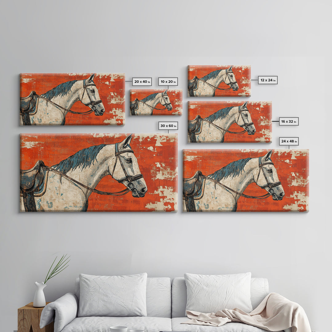 White Horse Portrait On Orange Rustic Wall Art, Western Equestrian Canvas Print, Farmhouse Decor, Horse Lover Gift For Her