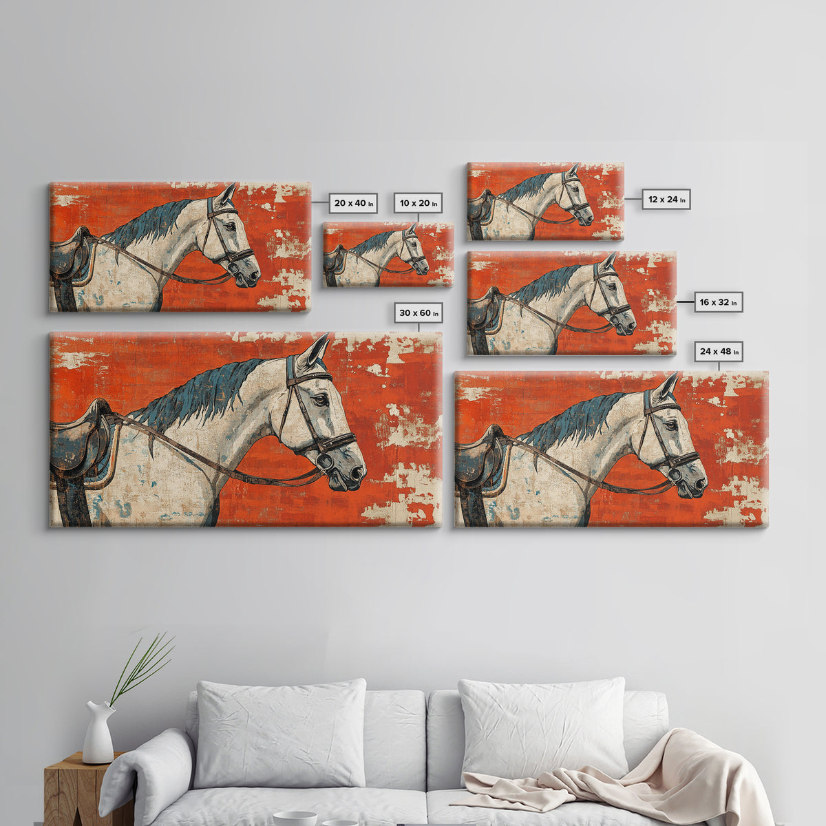 White Horse Portrait On Orange Rustic Wall Art, Western Equestrian Canvas Print, Farmhouse Decor, Horse Lover Gift For Her