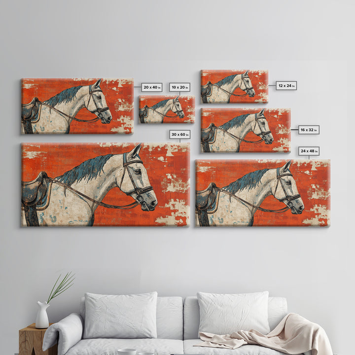 White Horse Portrait On Orange Rustic Wall Art, Western Equestrian Canvas Print, Farmhouse Decor, Horse Lover Gift For Her
