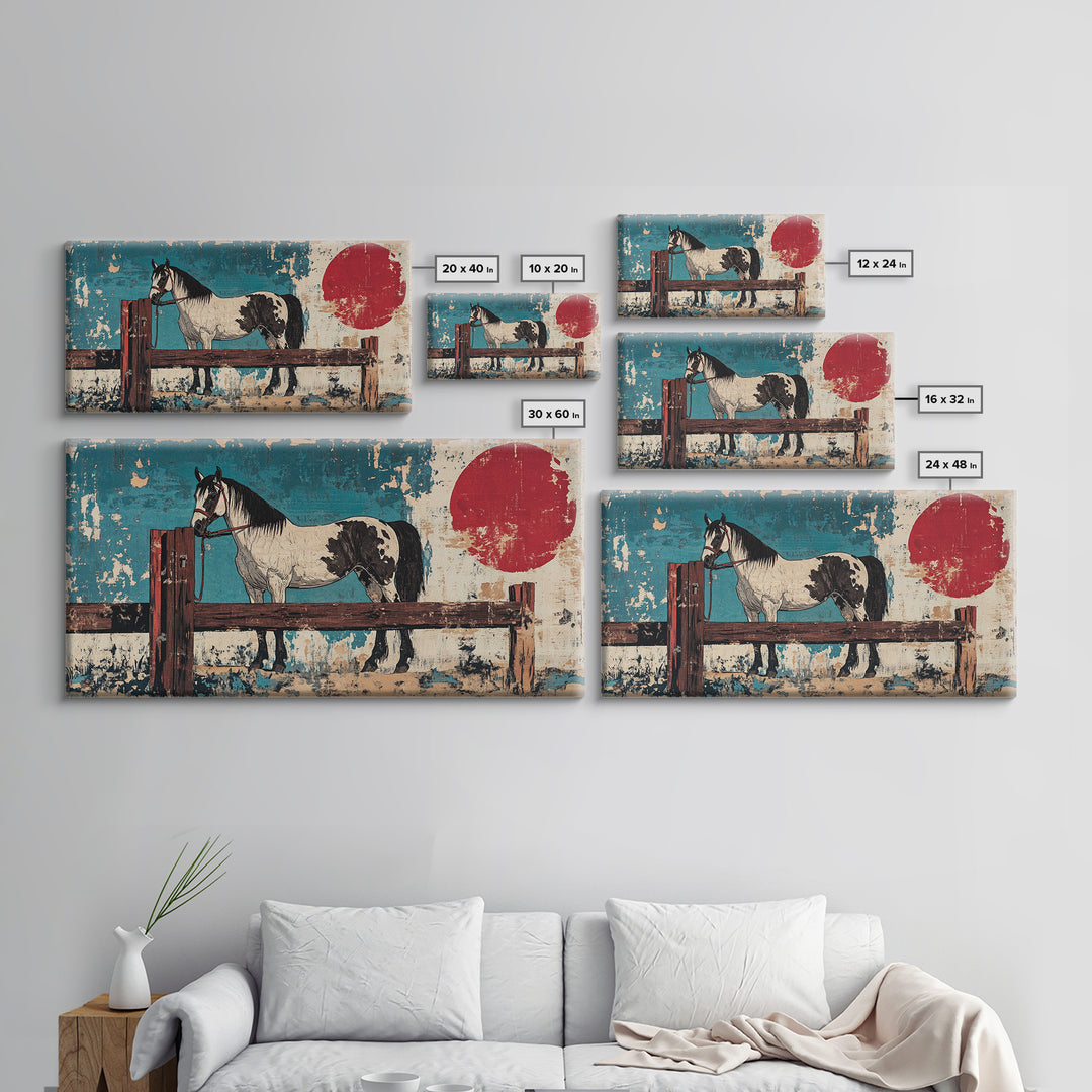 Black And White Paint Horse With Red Sun Wall Art, Western Equestrian Canvas Print, Rustic Farmhouse Decor, Horse Lover Gift