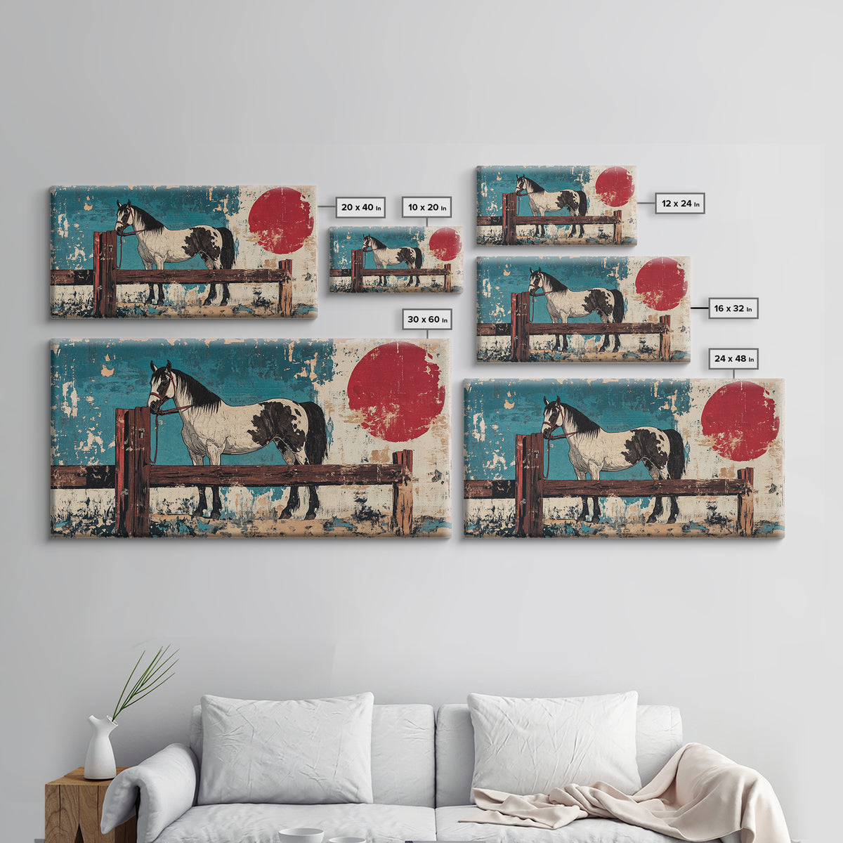 Black And White Paint Horse With Red Sun Wall Art, Western Equestrian Canvas Print, Rustic Farmhouse Decor, Horse Lover Gift
