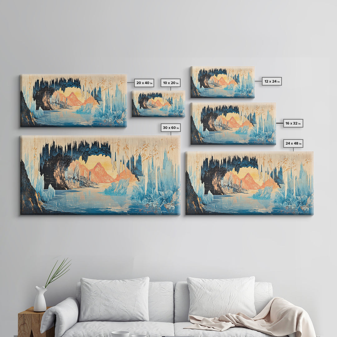Glowing Ice Cave With Frozen Lake Wall Art, Arctic Landscape Canvas Print, Blue Mountain Decor, Fantasy Nature Art Gift Idea