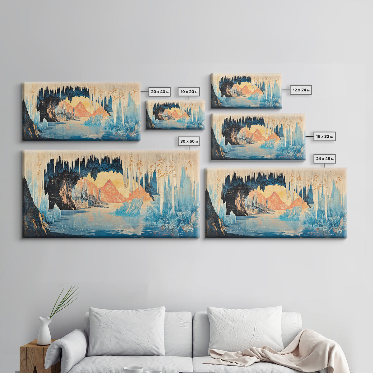 Glowing Ice Cave With Frozen Lake Wall Art, Arctic Landscape Canvas Print, Blue Mountain Decor, Fantasy Nature Art Gift Idea