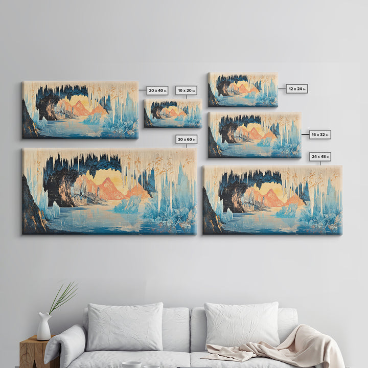 Glowing Ice Cave With Frozen Lake Wall Art, Arctic Landscape Canvas Print, Blue Mountain Decor, Fantasy Nature Art Gift Idea
