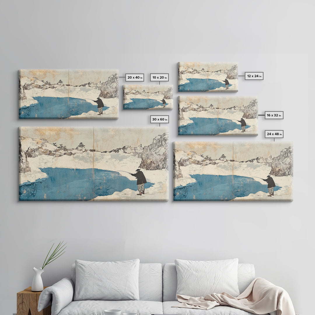 Lone Traveler Beside Snowy Blue Lake Wall Art, Japanese Landscape Canvas Print, Minimalist Winter Decor, Zen Home Decor Gift