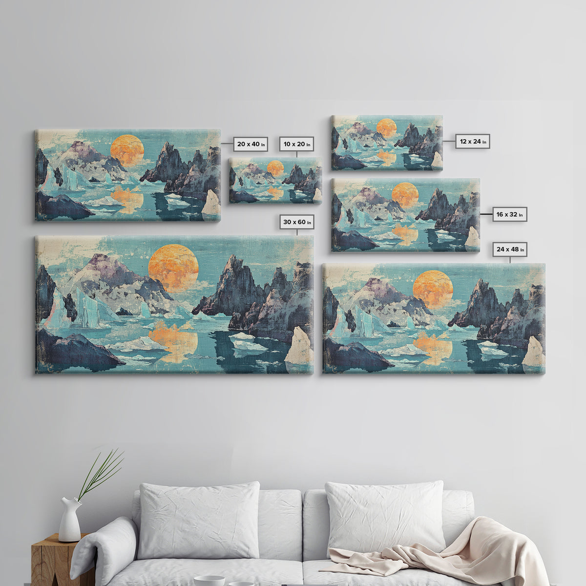Orange Sun Over Icy Mountain Lake Wall Art, Abstract Landscape Canvas Print, Japandi Coastal Decor, Large Living Room Art
