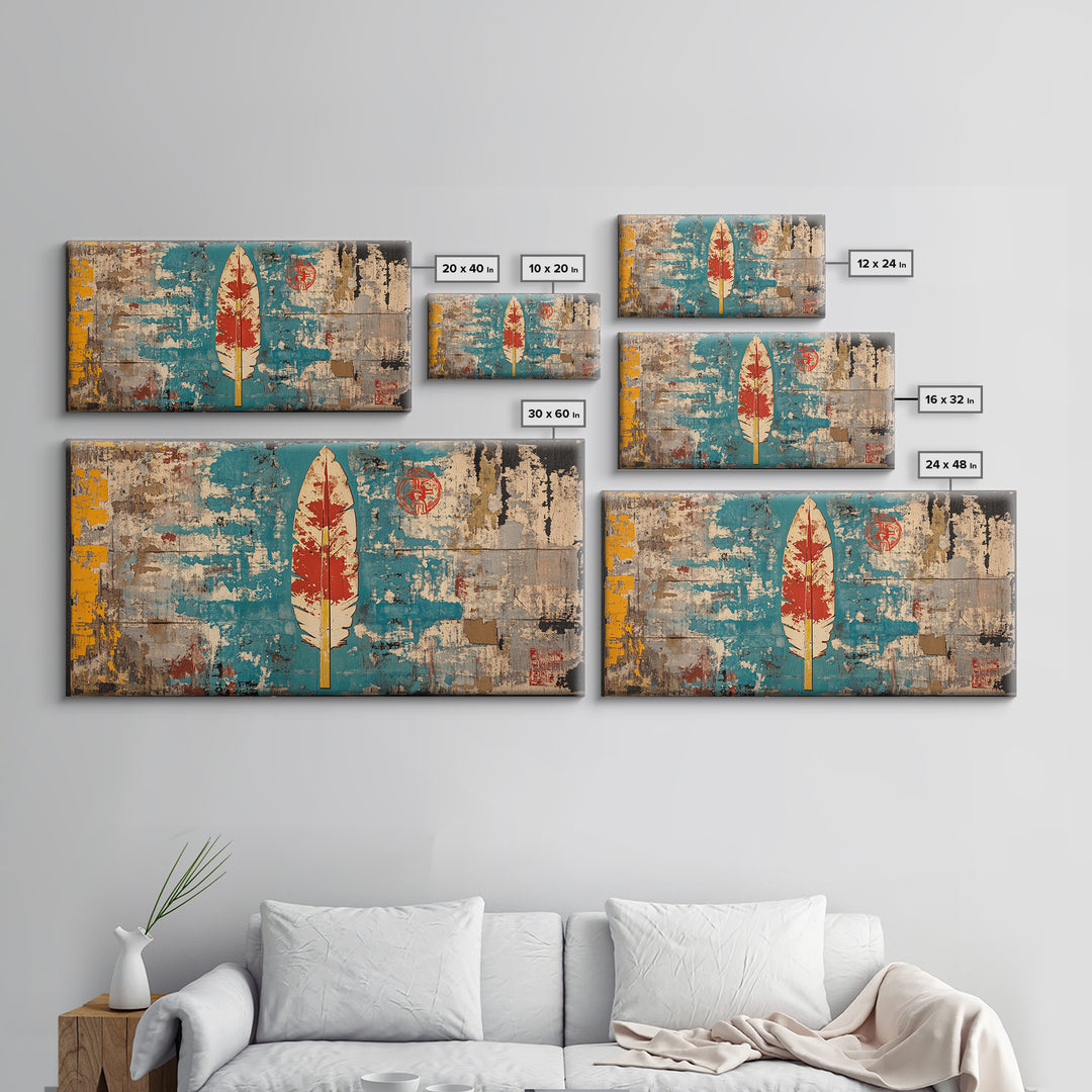 Red Feather On Turquoise Distressed Wall Art, Tribal Boho Canvas Print, Rustic Southwestern Decor, Unique Wall Decor Gift