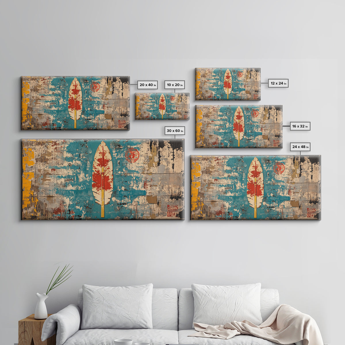 Red Feather On Turquoise Distressed Wall Art, Tribal Boho Canvas Print, Rustic Southwestern Decor, Unique Wall Decor Gift