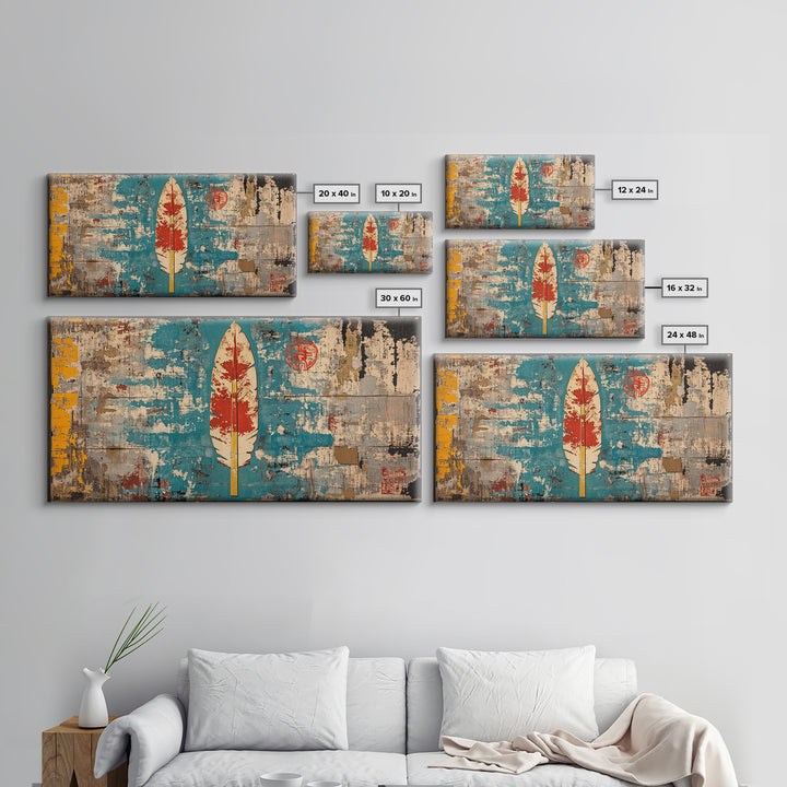 Red Feather On Turquoise Distressed Wall Art, Tribal Boho Canvas Print, Rustic Southwestern Decor, Unique Wall Decor Gift