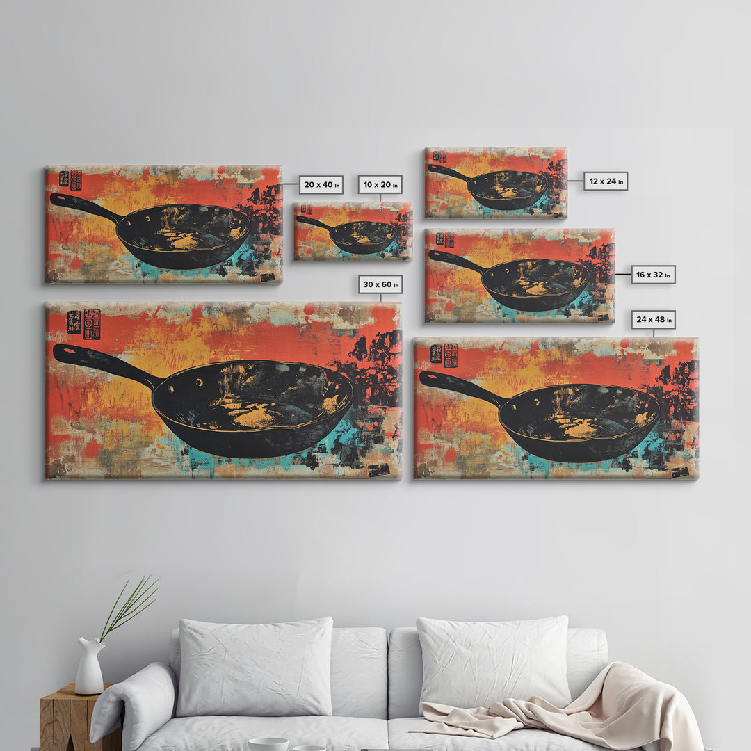 Black Wok Pan On Red Teal Background Wall Art, Kitchen Canvas Print, Rustic Food Decor, Dining Room Wall Decor Gift For Chef