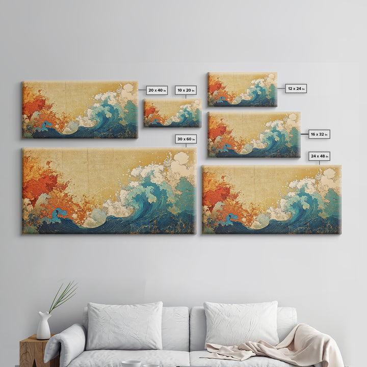 Fiery Orange And Blue Japanese Wave Canvas Print, Ocean Wall Art, Abstract Seascape For Coastal Home Decor And Living Room Decor
