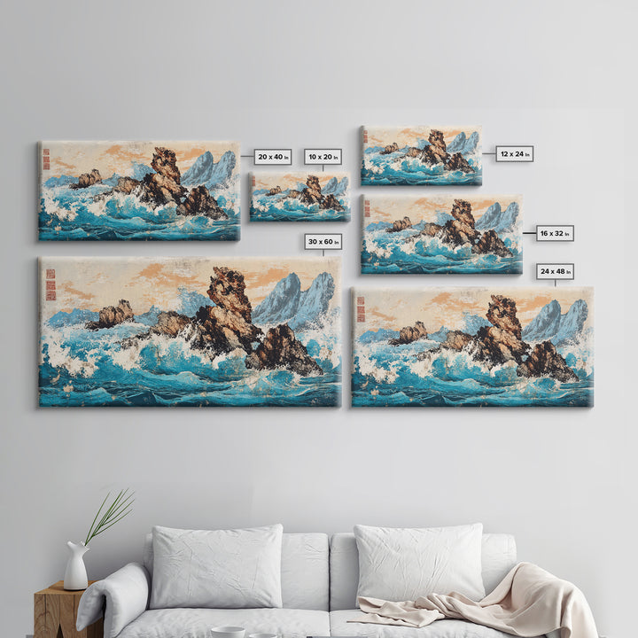 Rocky Blue Ocean Cliffs In Japanese Style Framed Canvas Print, Seascape Wall Art For Coastal Decor And Nautical Home Decor