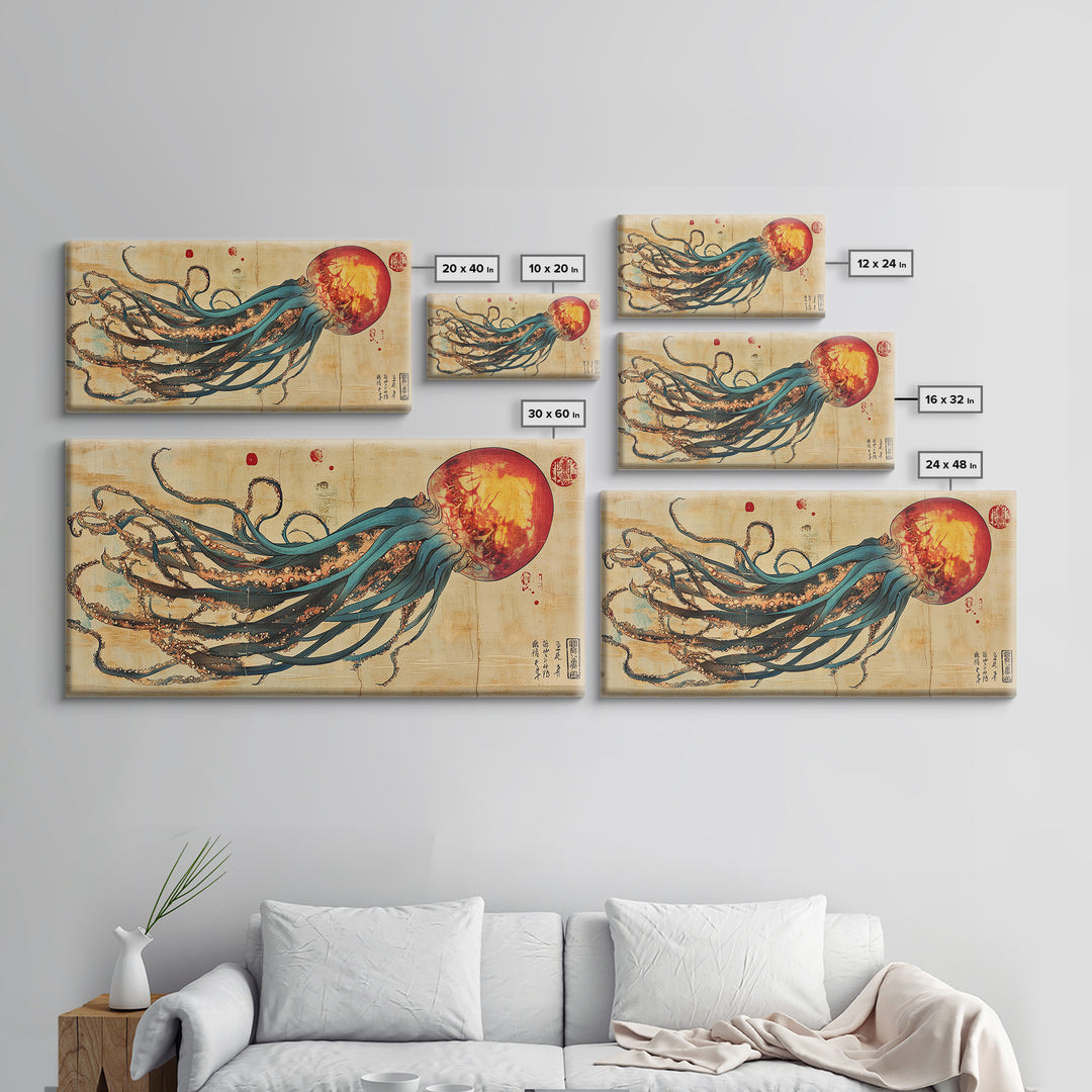 Giant Squid With Red Sun Japanese Wall Art, Octopus Canvas Print For Marine Life Decor, Coastal Statement Artwork For Living Room Decor