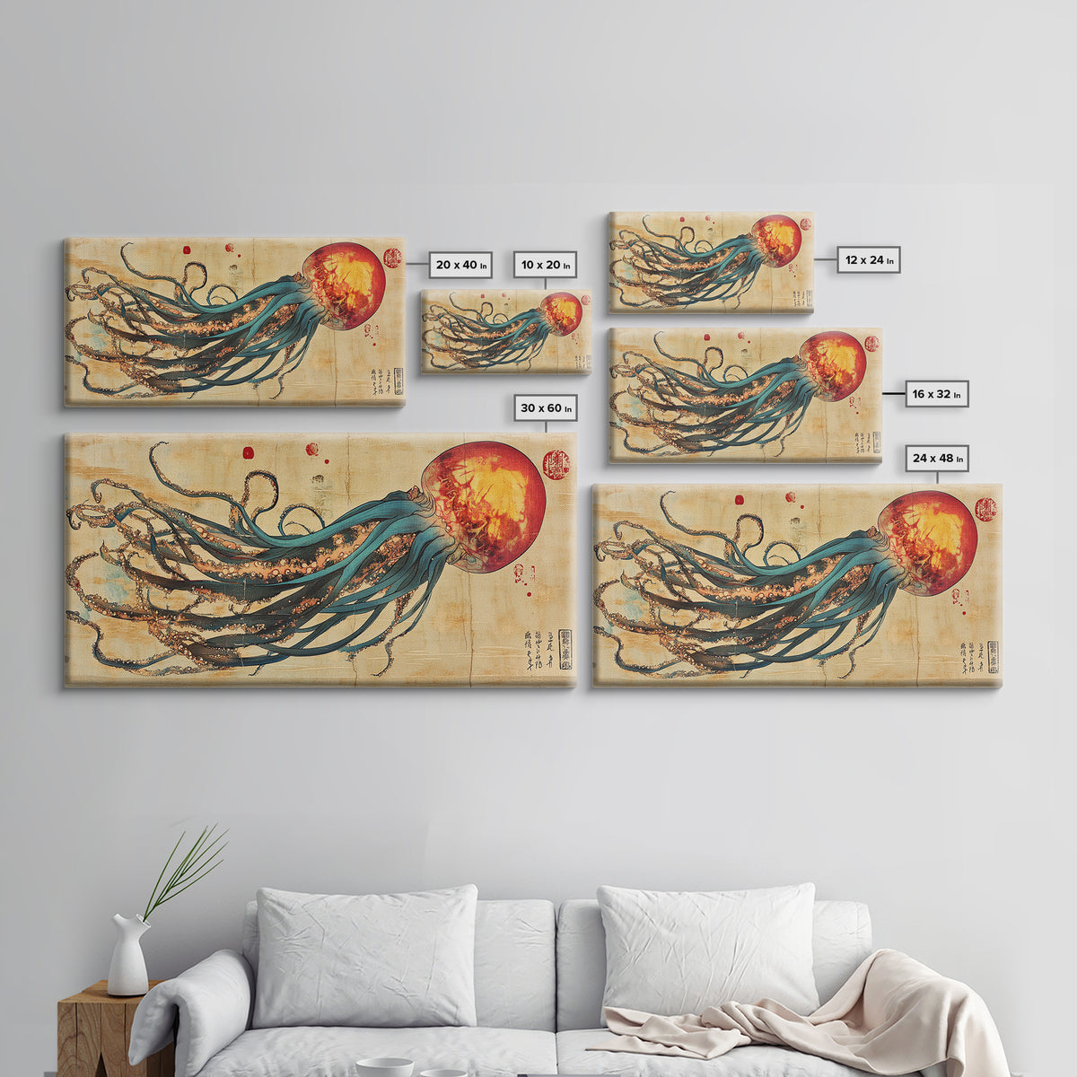 Giant Squid With Red Sun Japanese Wall Art, Octopus Canvas Print For Marine Life Decor, Coastal Statement Artwork For Living Room Decor