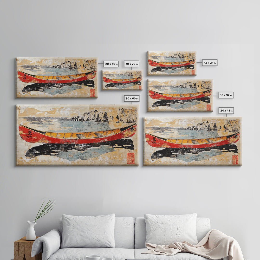 Red And Yellow Canoe On Rugged Shore Framed Canvas Print, Nautical Wall Art For Lake House Decor And Coastal Home Decor Art