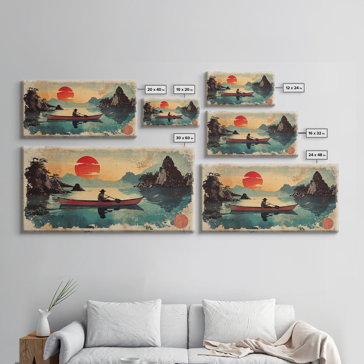 Fisherman Rowboat On Misty Mountain Lake Wall Art, Japanese Landscape Canvas Print For Zen Home Decor And Living Room Decor