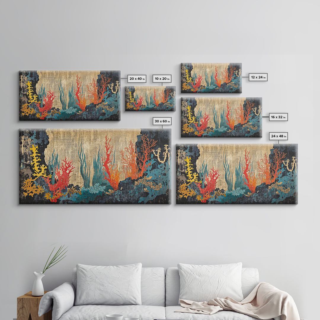 Vibrant Coral Reef Underwater Scene Framed Canvas Print, Ocean Wall Art For Coastal Decor, Marine Life And Beach House Decor