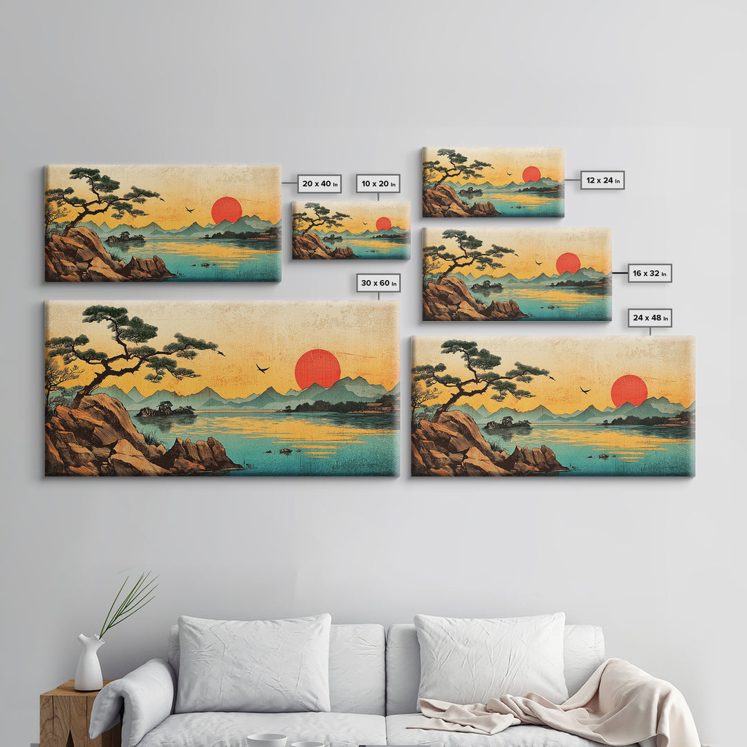 Pine Tree Sunset Over Mountain Lake Wall Art, Japanese Landscape Canvas Print For Zen Decor And Coastal Living Room Decor