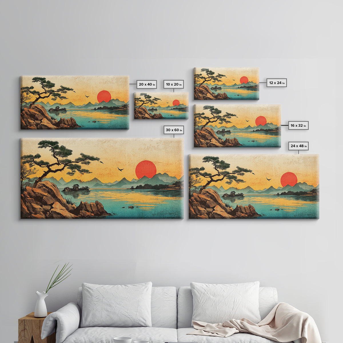 Pine Tree Sunset Over Mountain Lake Wall Art, Japanese Landscape Canvas Print For Zen Decor And Coastal Living Room Decor