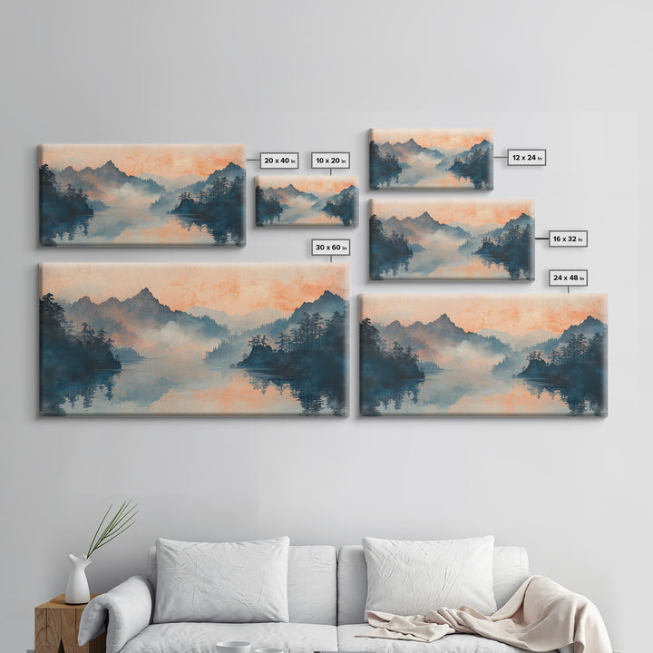 Misty Mountain Lake Sunrise Wall Art, Japanese Landscape Art Print, Serene Nature Decor, Large Horizontal Living Room Decor