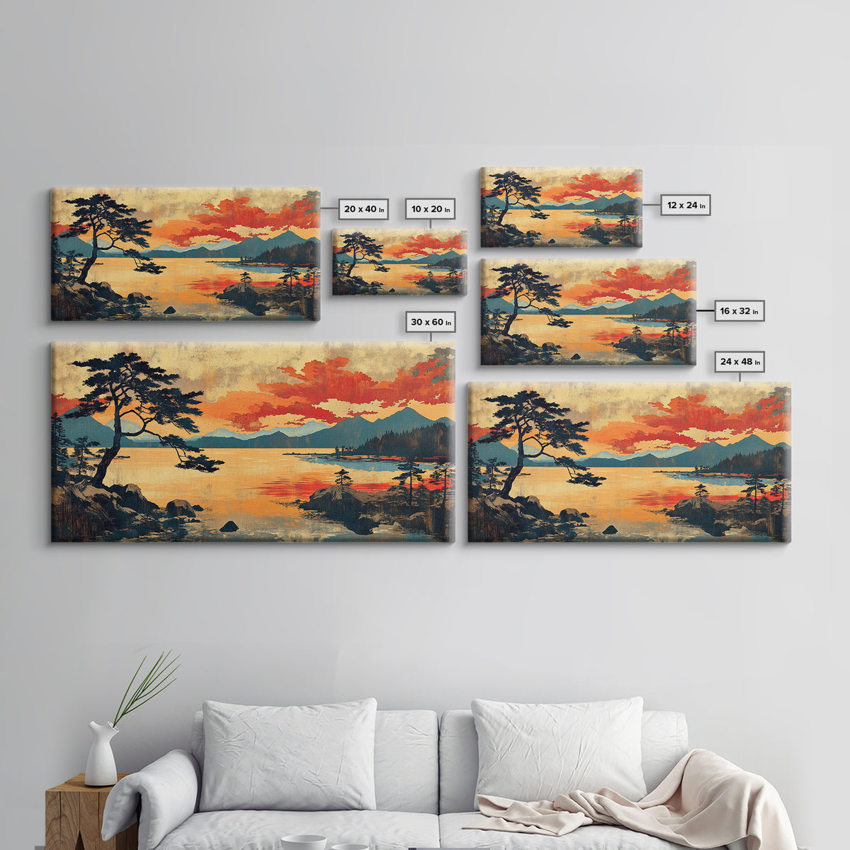 Orange Sunset Pine Lake Wall Art, Japanese Woodblock Landscape Print, Rustic Cabin Decor, Large Nature Art For Living Room