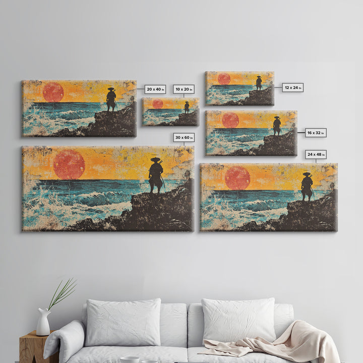 Samurai Ocean Sunset Framed Canvas Print, Japanese Warrior Wall Art, Coastal Seascape Decor, Bold Gift For Him, Man Cave Decor