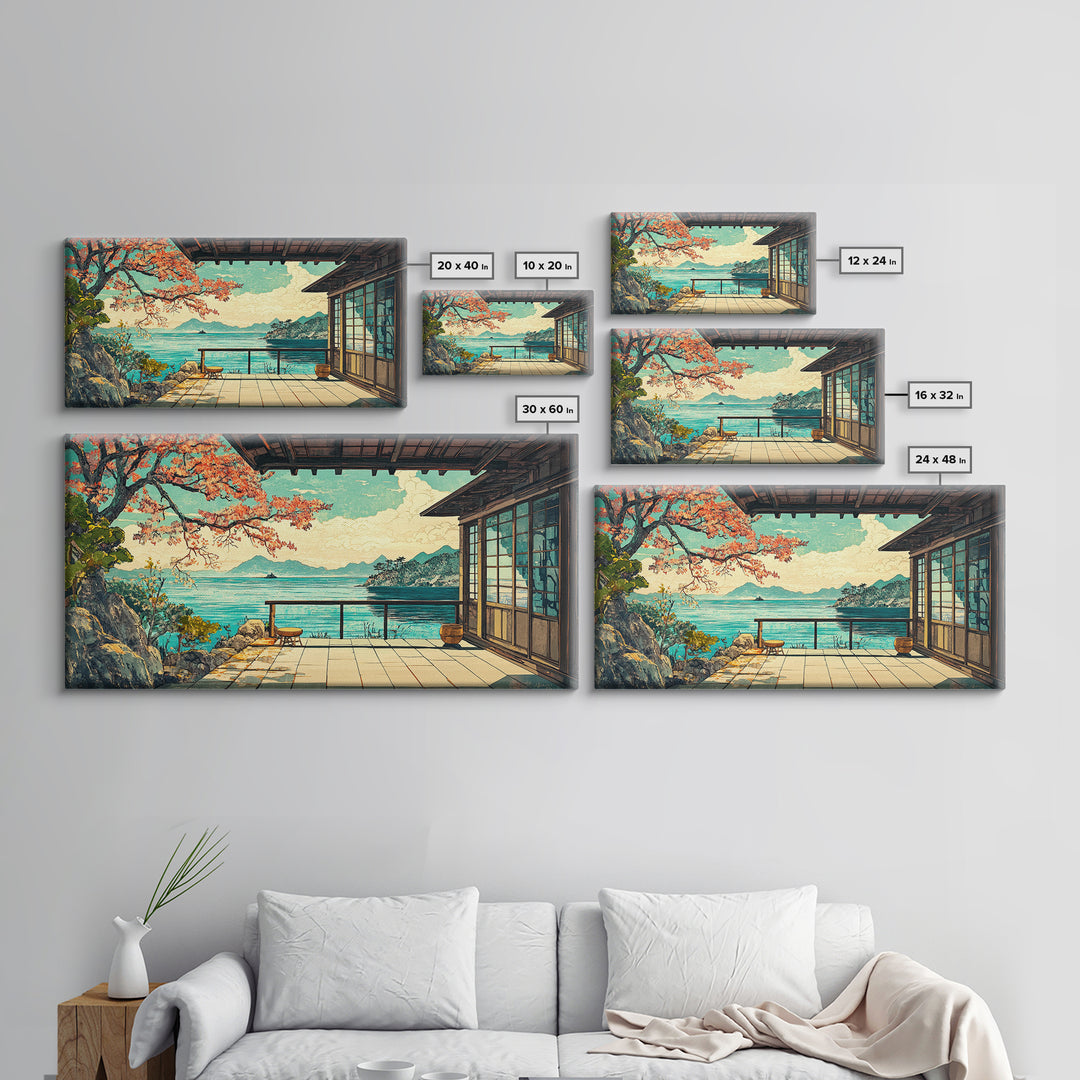 Japanese Seaside Veranda Canvas Print, Turquoise Ocean Wall Art, Zen Coastal Home Decor, Japandi Living Room Wall Decor Art