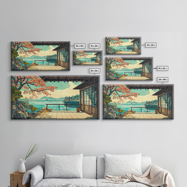 Japanese Seaside Veranda Canvas Print, Turquoise Ocean Wall Art, Zen Coastal Home Decor, Japandi Living Room Wall Decor Art