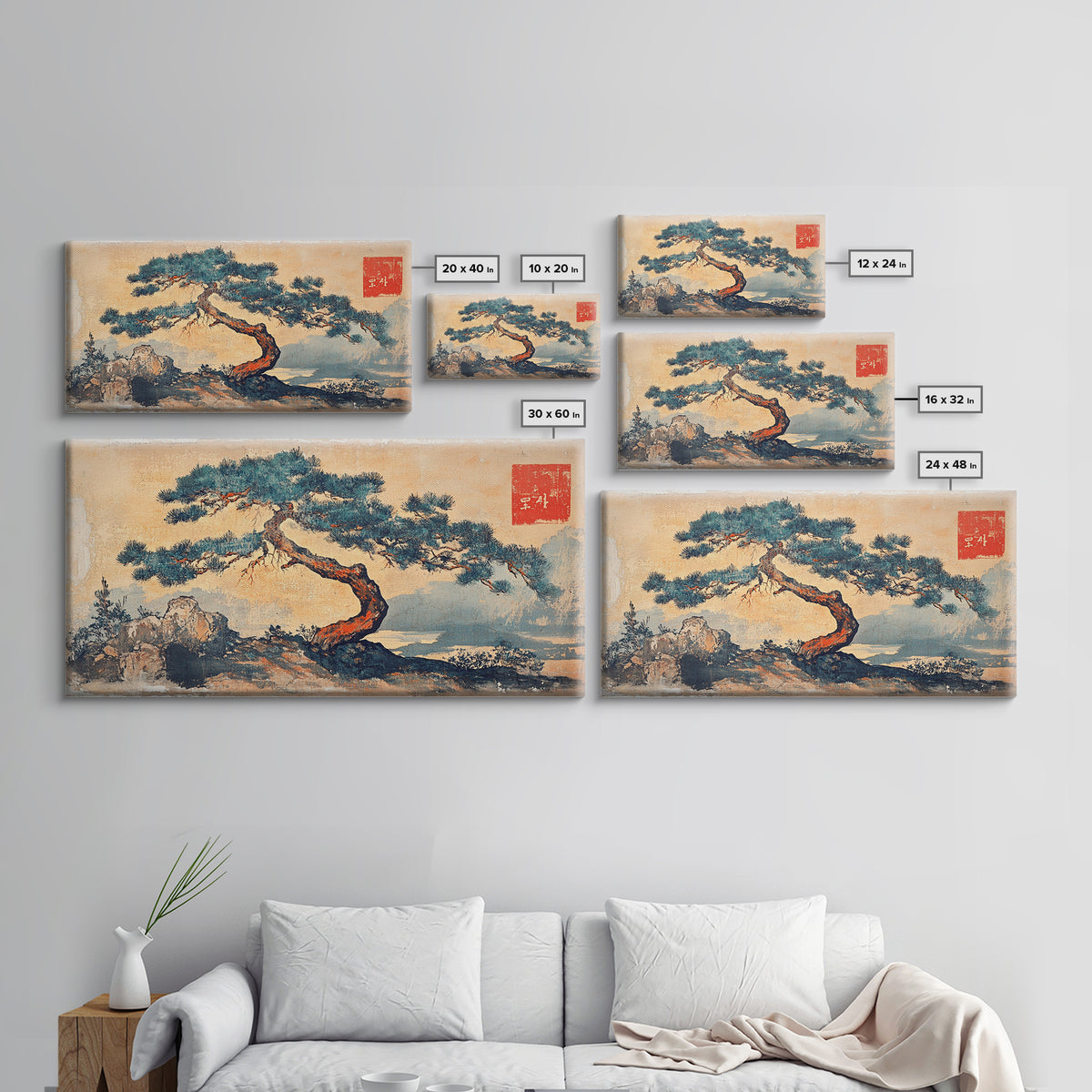 Windswept Pine Tree Wall Art, Japanese Ink Landscape Print, Zen Nature Decor, Minimalist Coastal Framed Canvas Print, Serene Home Decor