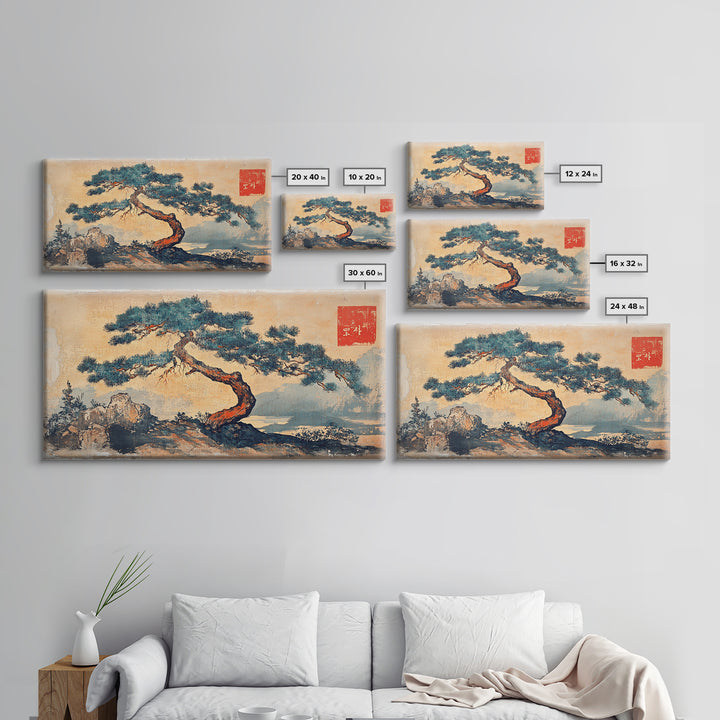 Windswept Pine Tree Wall Art, Japanese Ink Landscape Print, Zen Nature Decor, Minimalist Coastal Framed Canvas Print, Serene Home Decor