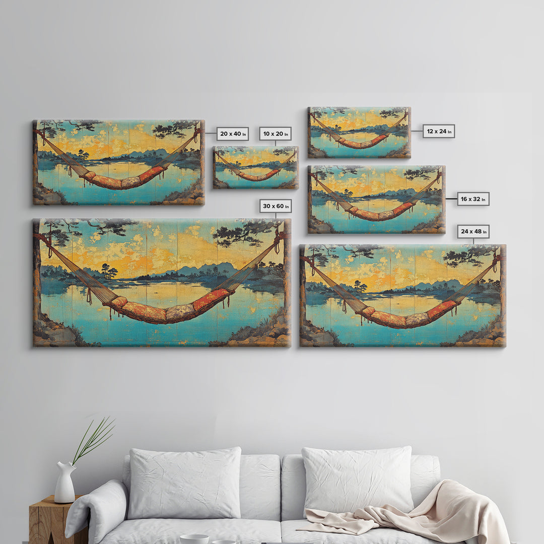 Lakeside Hammock Sunset Wall Art, Cozy Cabin Landscape Print, Relaxing Nature Decor, Large Horizontal Canvas Print, Lake House Decor