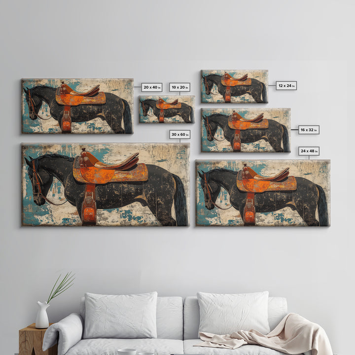 Black Horse With Orange Western Saddle Wall Art, Rustic Ranch Decor, Equestrian Art Print, Cowboy Living Room Decor Gift