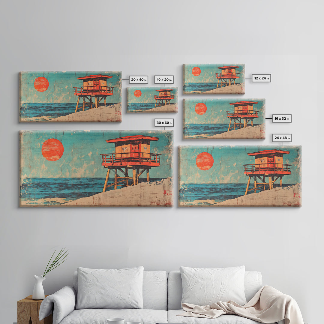 Red Lifeguard Tower Beside Blue Ocean Canvas Print, Coastal Wall Art, Beach House Decor, Retro Travel Poster Print For Home
