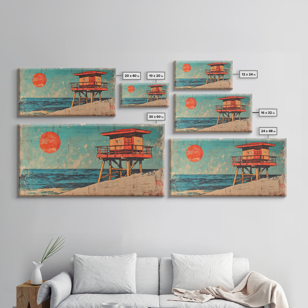 Red Lifeguard Tower Beside Blue Ocean Canvas Print, Coastal Wall Art, Beach House Decor, Retro Travel Poster Print For Home