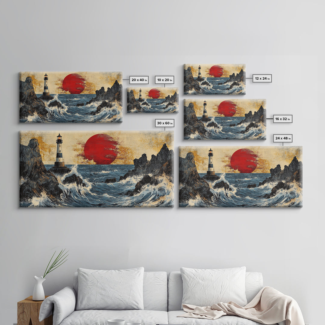 Rocky Lighthouse Sunset With Dramatic Waves Wall Art, Coastal Seascape, Nautical Decor, Large Framed Canvas Print For Living Room
