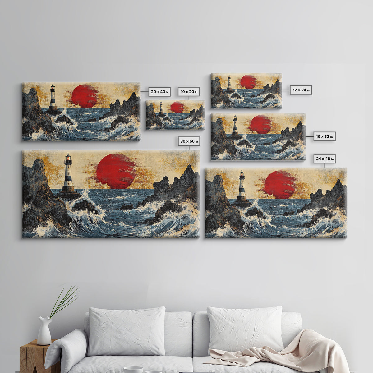Rocky Lighthouse Sunset With Dramatic Waves Wall Art, Coastal Seascape, Nautical Decor, Large Framed Canvas Print For Living Room