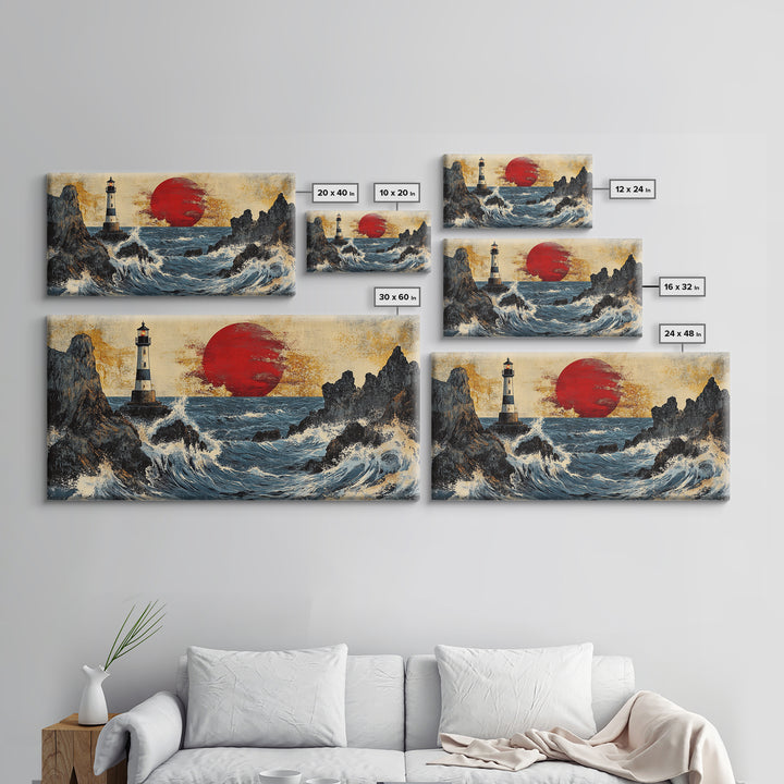 Rocky Lighthouse Sunset With Dramatic Waves Wall Art, Coastal Seascape, Nautical Decor, Large Framed Canvas Print For Living Room