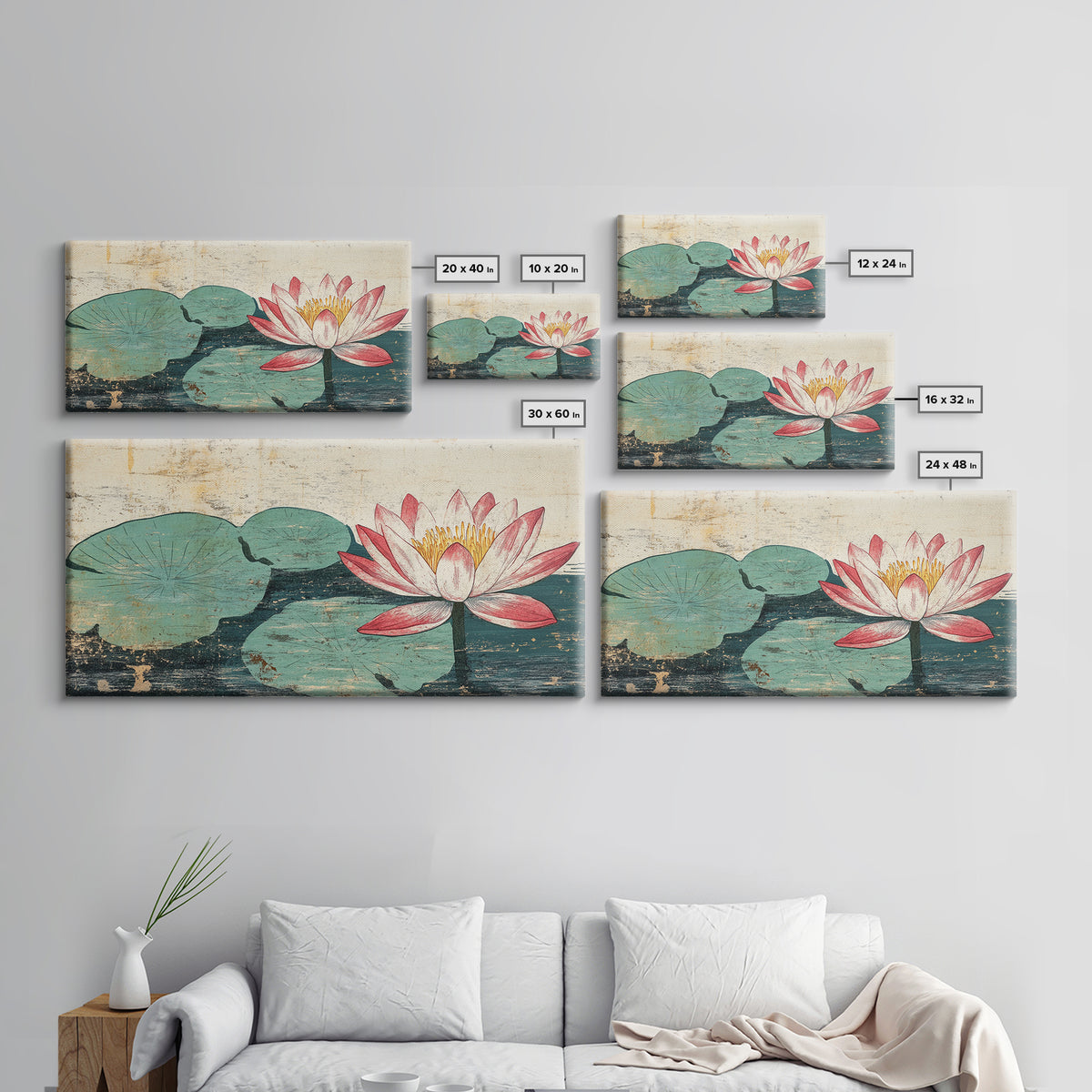 Pink Lotus Blossom And Lily Pads Canvas Print, Zen Wall Art, Botanical Wall Decor, Japandi Bathroom Art, Spa Decor Print
