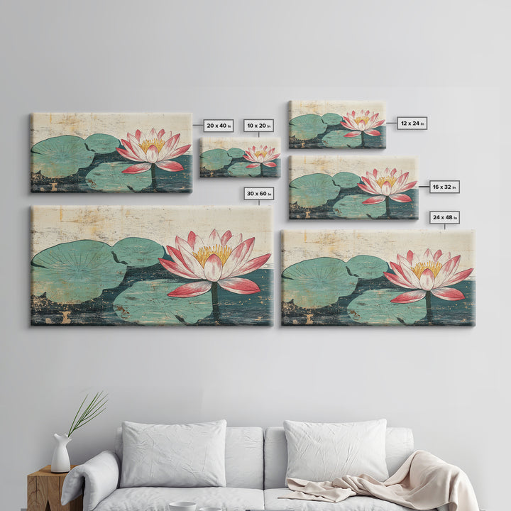 Pink Lotus Blossom And Lily Pads Canvas Print, Zen Wall Art, Botanical Wall Decor, Japandi Bathroom Art, Spa Decor Print