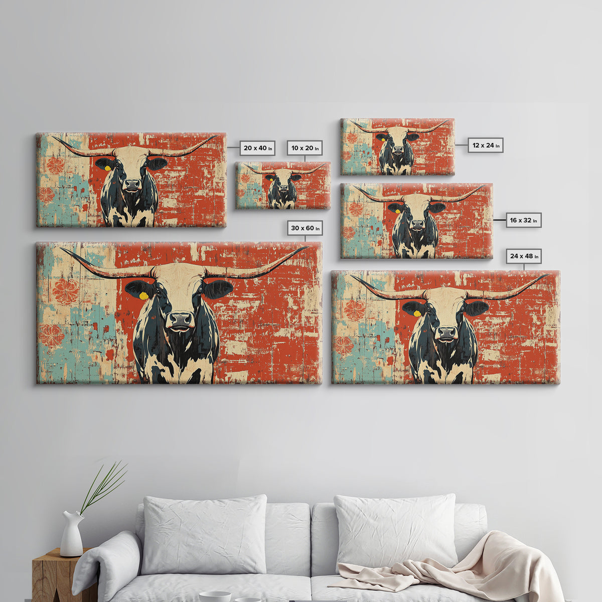 Black And White Longhorn Cow Framed Canvas Print, Rustic Western Wall Art, Farmhouse Ranch Decor, Cowgirl Home Decor Gift