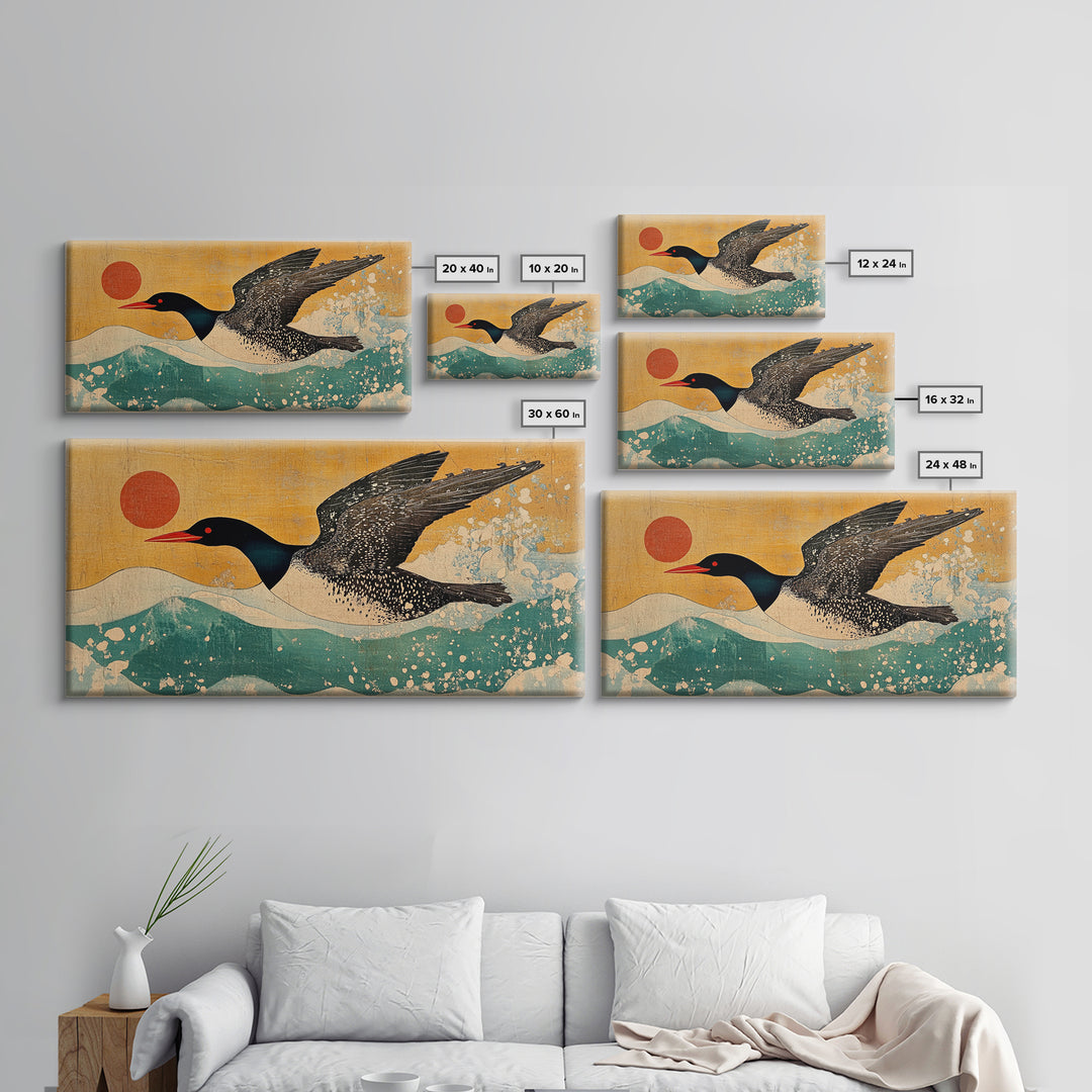 Black Loon Bird Canvas Print, Japanese Coastal Wall Art, Lake House Decor, Nautical Wildlife Art Print For Bird Lovers Gift