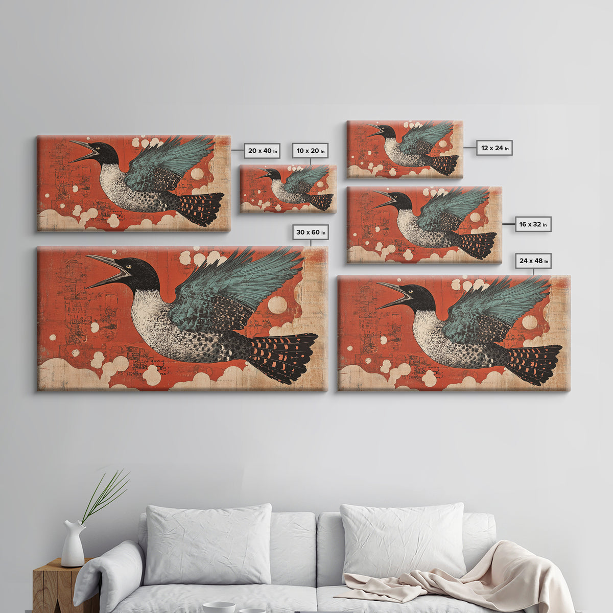 Speckled Sea Bird Framed Canvas Print, Japanese Wildlife Wall Art, Rustic Coastal Decor, Teal Wings Red Sky Print For Home Decor