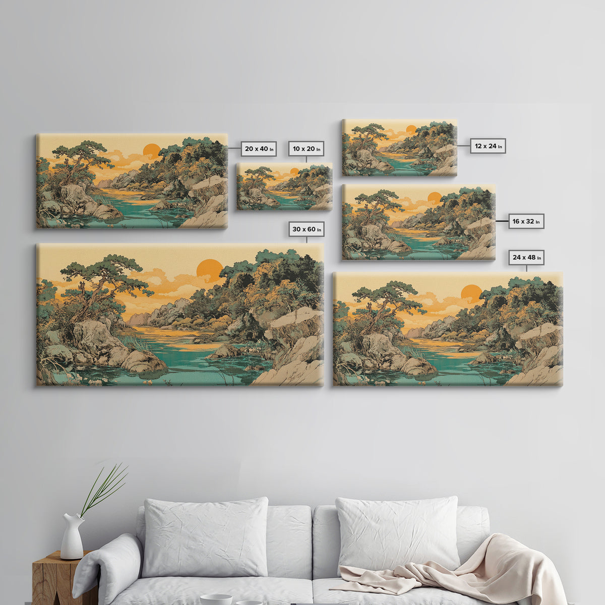 Golden River Valley Landscape Wall Art, Japanese Mountain Canvas Print, Serene Nature Decor, Japandi Living Room Art Gift