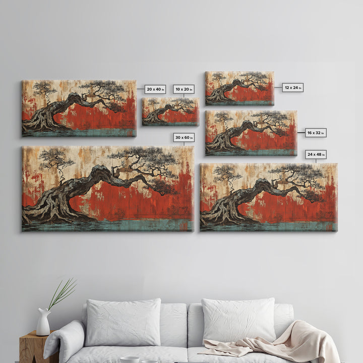 Twisted Bonsai Tree Framed Canvas Print, Japanese Wabi Sabi Wall Art, Rustic Nature Decor, Zen Living Room Statement Art