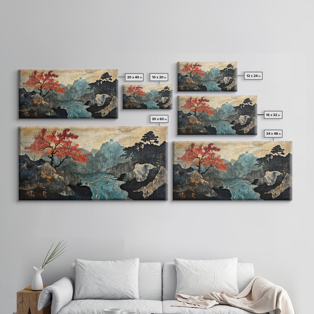 Autumn Mountain Lake Framed Canvas Print, Japanese Landscape Wall Art, Moody Nature Decor, Red Tree Japandi Wall Decor Gift