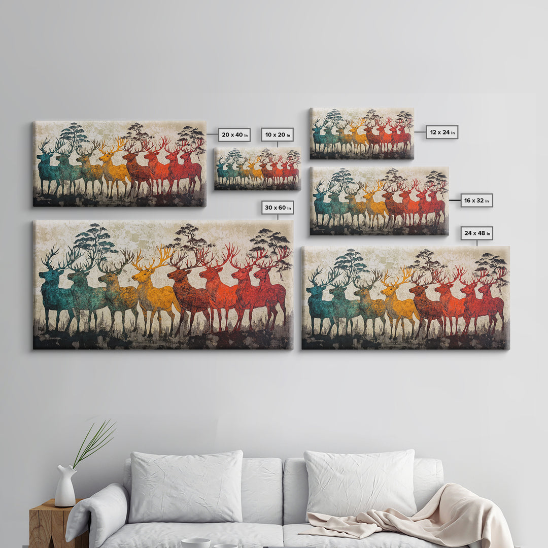 Rainbow Deer Silhouettes In Misty Pines Wall Art, Japanese Wildlife Canvas Print, Rustic Nature Decor, Large Living Room Art