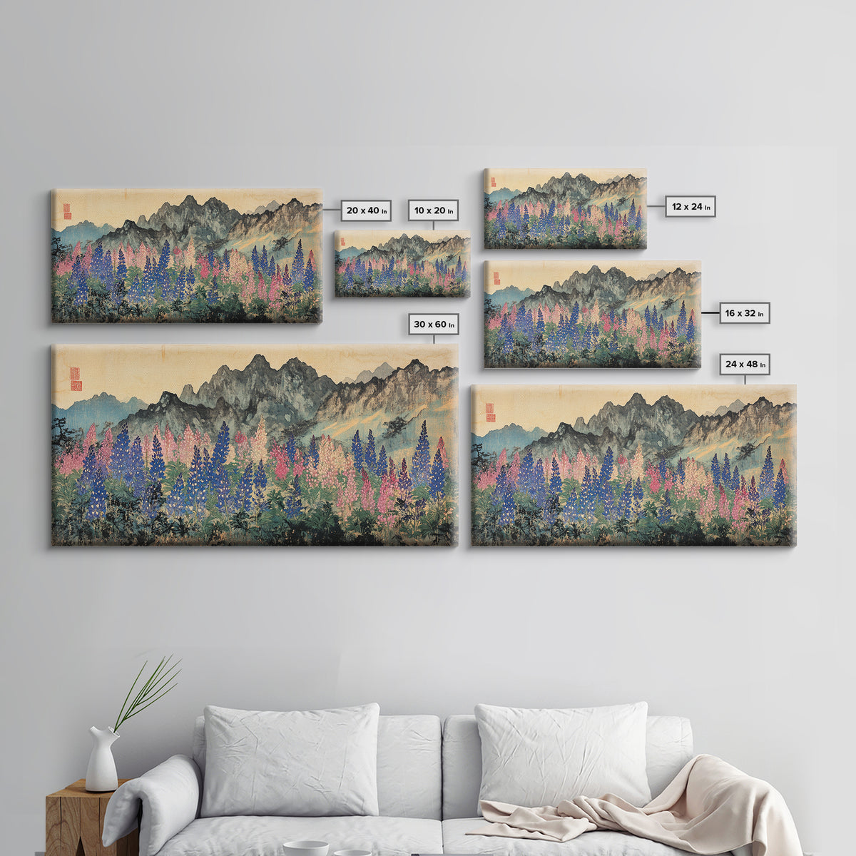 Colorful Lupine Meadow Below Ink Mountains Wall Art, Japanese Landscape Print, Botanical Home Decor, Large Living Room Wall Art