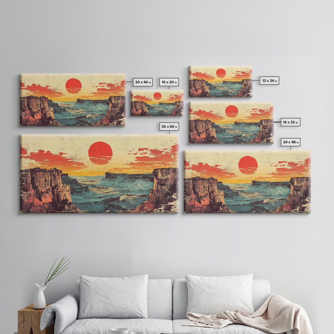 Red Sun Desert Canyon At Dusk Wall Art, Southwestern Landscape Canvas Print, Western Decor, Large Horizontal Living Room Art