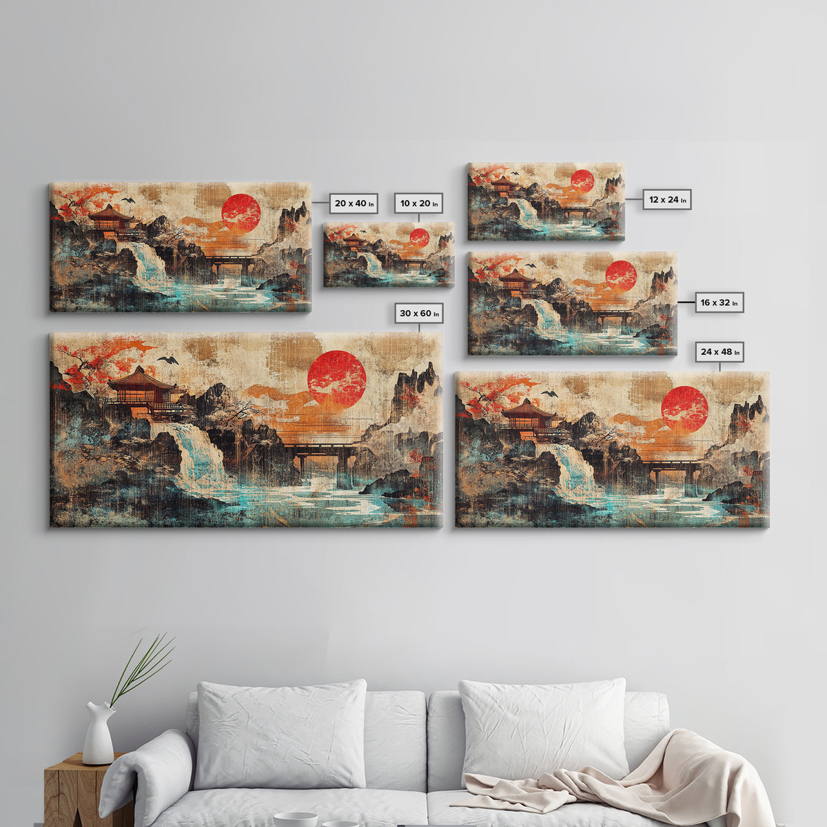 Red Sun Temple Waterfall Over Mountain Lake Wall Art, Japanese Landscape Canvas Print, Asian Zen Decor, Large Living Room Art